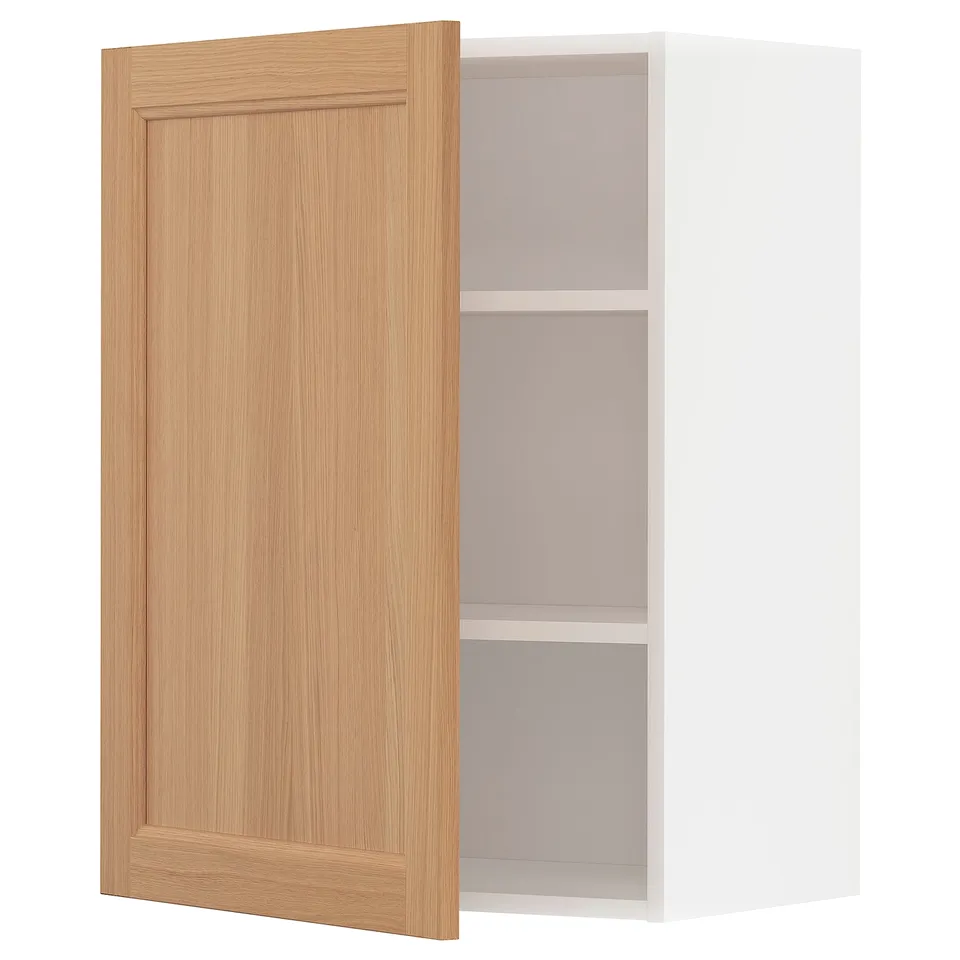 METOD wall cabinet, white & oak, modern design, two shelves.