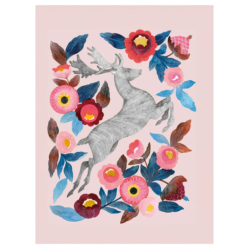 PJÄTTERYD art print: deer, flowers on pink. Canvas wrapped frame.
