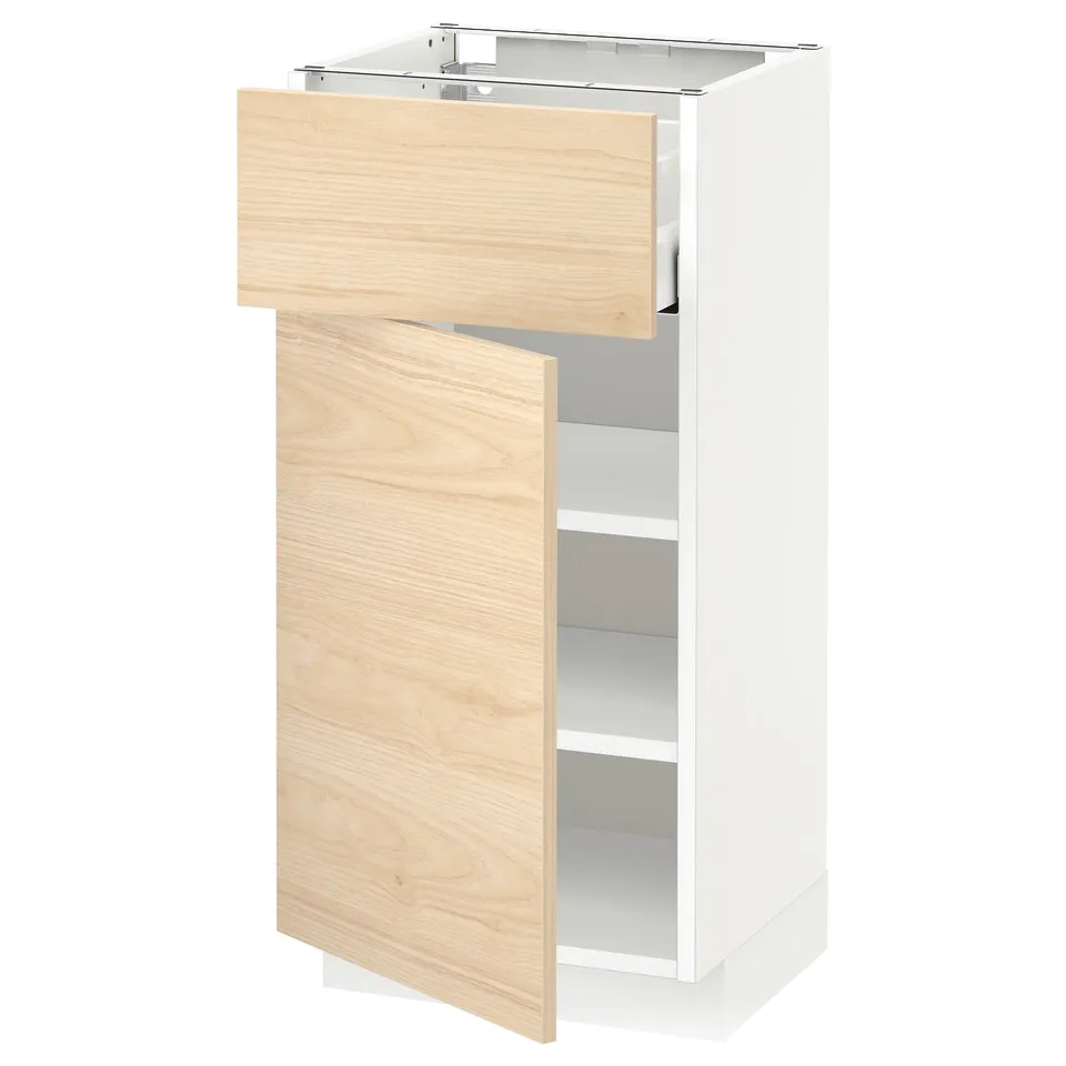 Modern white kitchen cabinet with light ash drawer and door, featuring adjustable shelves and full-extension drawers.