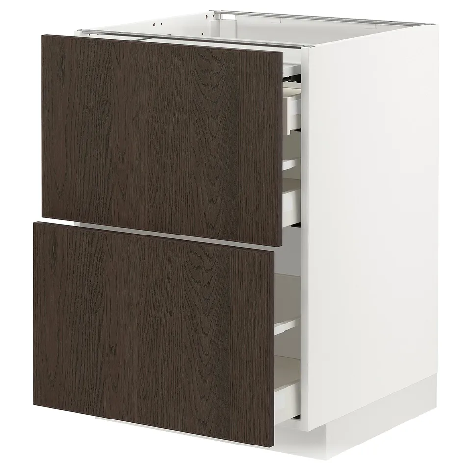 Modern kitchen cabinet, white frame, dark brown wood drawers, sleek design.