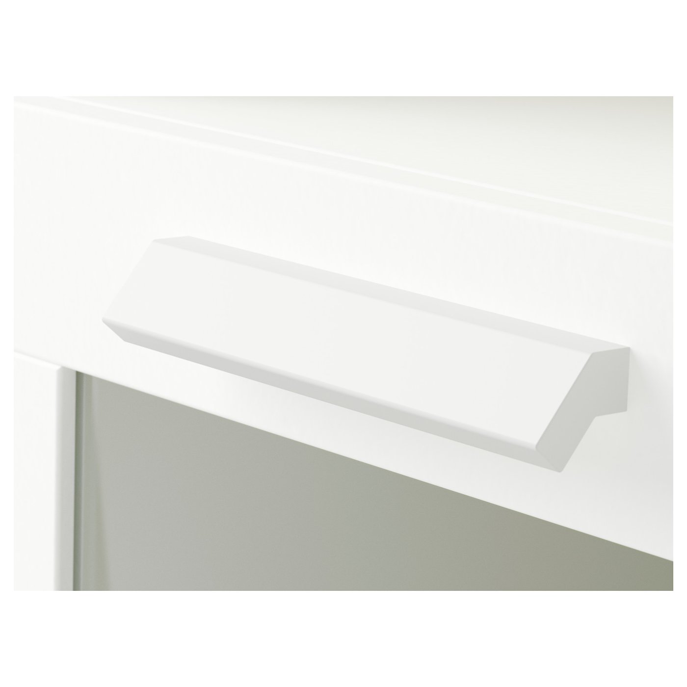 White modern shelf with smooth surface and clean lines. Glass front panel, sturdy design.