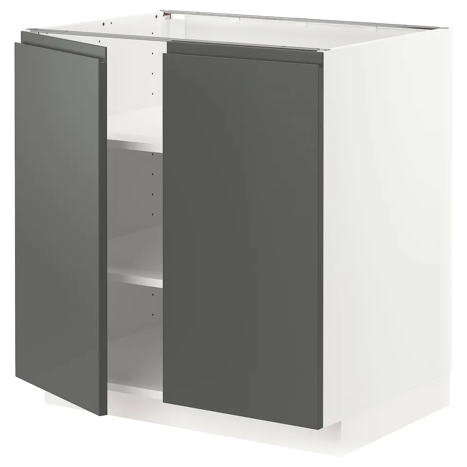 A modern, white METOD kitchen cabinet with grey doors. It adjustable shelves, a sturdy frame, and a sleek design.