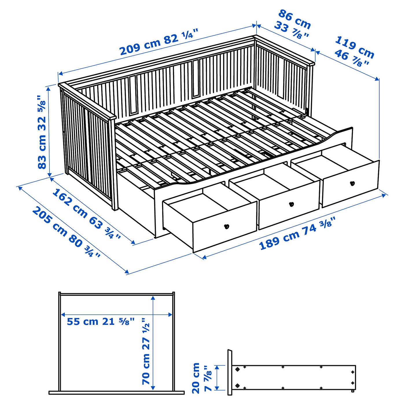 Illustration with measurements for the product: HEMNES.