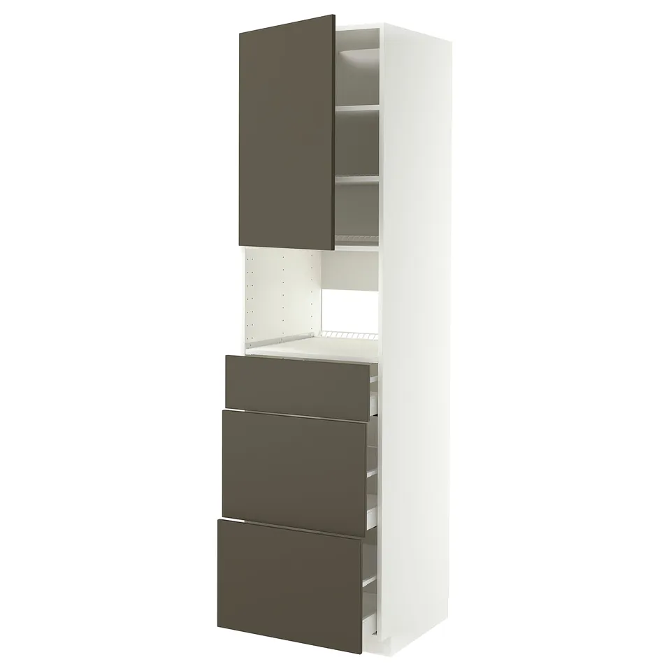 White METOD kitchen unit with dark grey drawers and doors, three drawers, one cabinet.