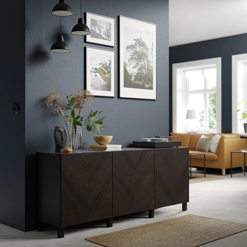 HEDEVIKEN dark wood cabinet, natural oak veneer, rectangular shape, modern design, fits under photos, larger than vases, smaller than seating area.