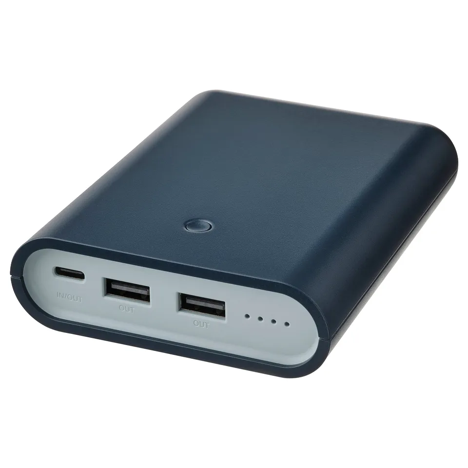 Dark blue portable charger with 2 usb-a and 1 usb-c ports, rectangular shape, smooth design.