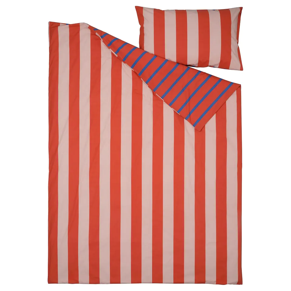 BARNDRÖM Duvet cover and pillowcase, pink red/stripe pattern, 150x200/50x80 cm