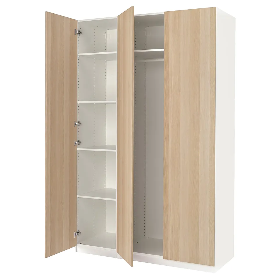 PAX wardrobe, white and light wood, tall with 3 shelves and adjustable hinges.