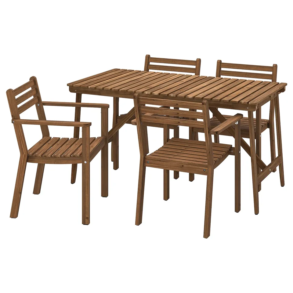 Wooden outdoor dining set with square table and four stacking chairs, brown.