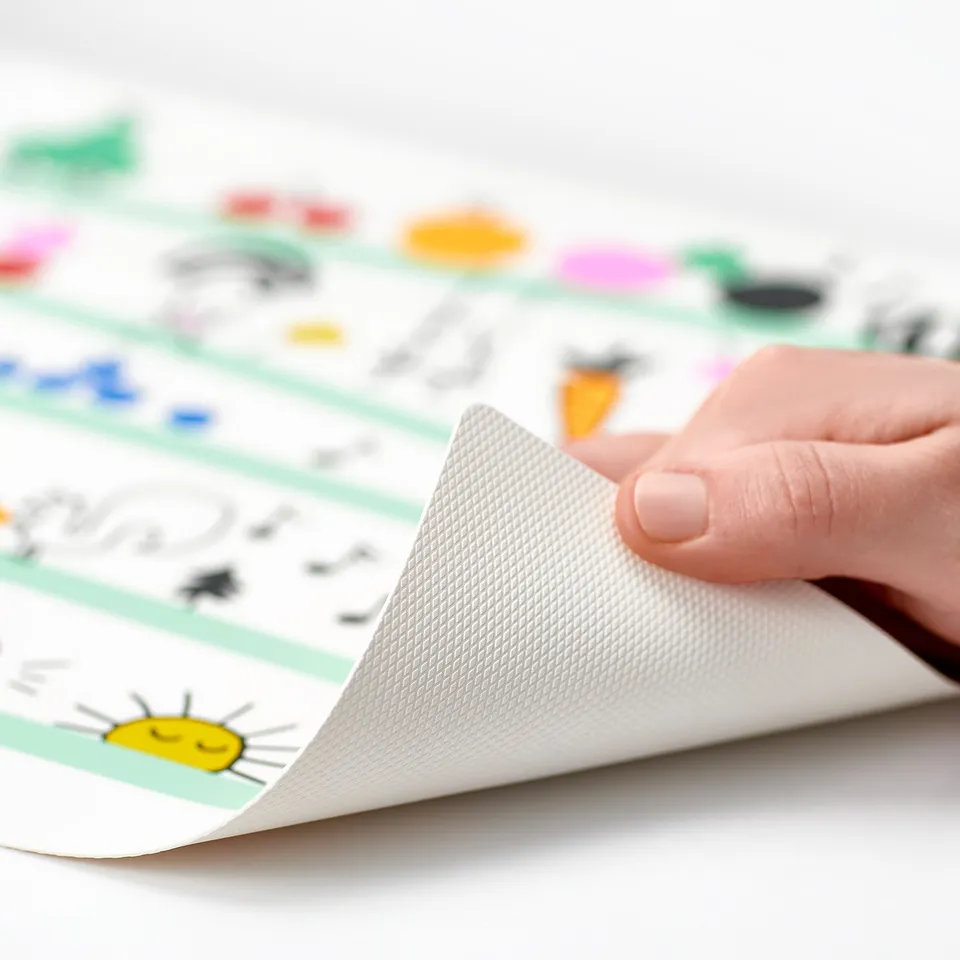 Baby peels yellow sun place mat, revealing textured underside for stability. Ideal teaching colours and shapes.