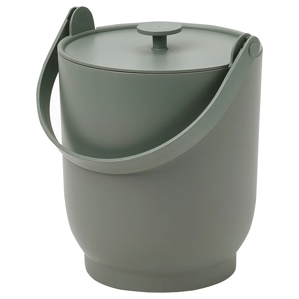 Green recycled plastic kitchen bin with lid and handle, cylindrical shape, modern design.