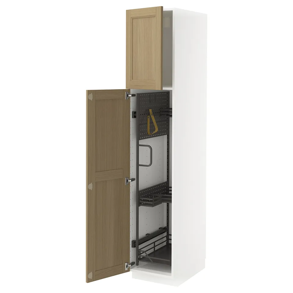 A modern white METOD kitchen cabinet with oak doors open, revealing adjustable cleaning supplies inside.