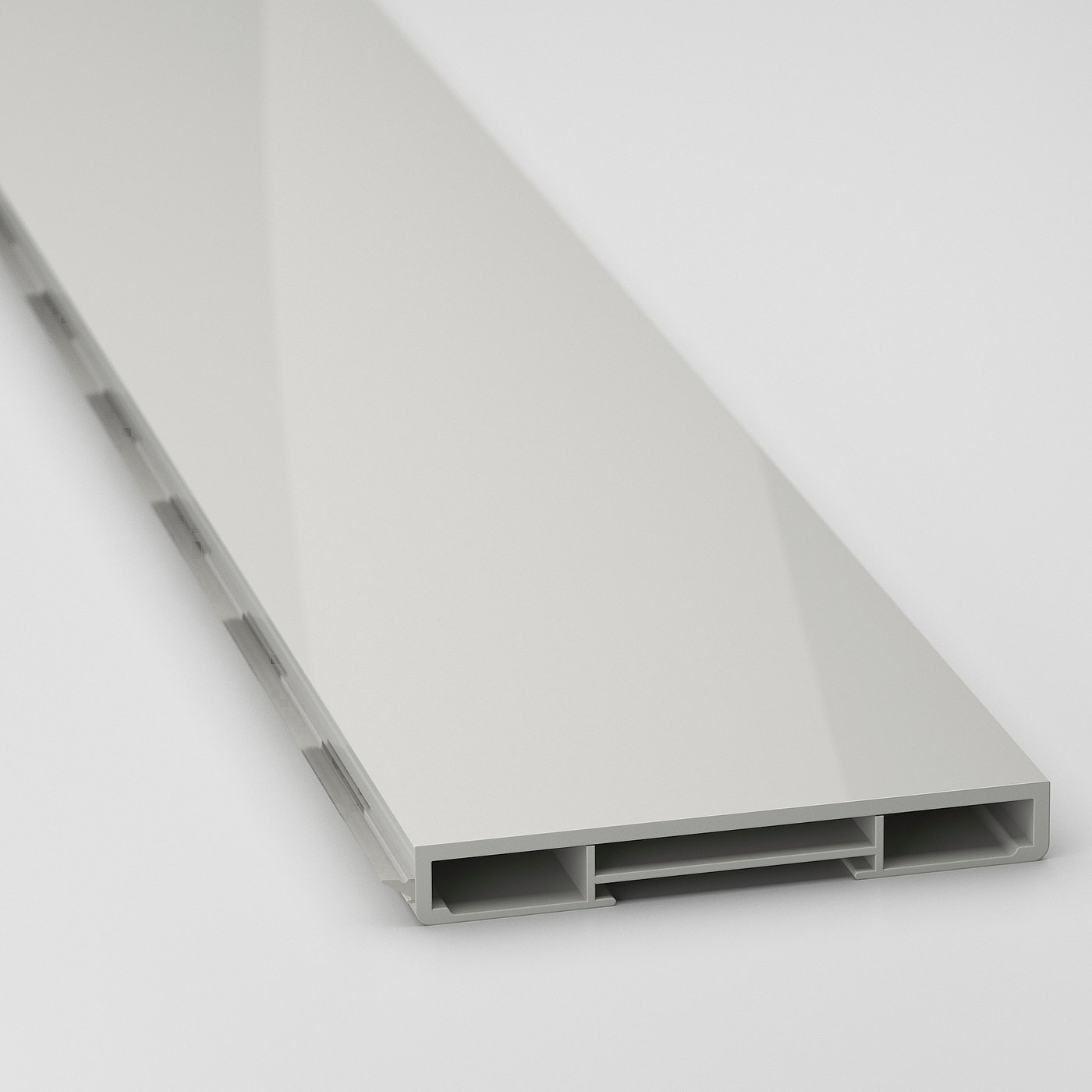 Sleek white kitchen cabinet panel, high gloss finish, clean edges, modern design.