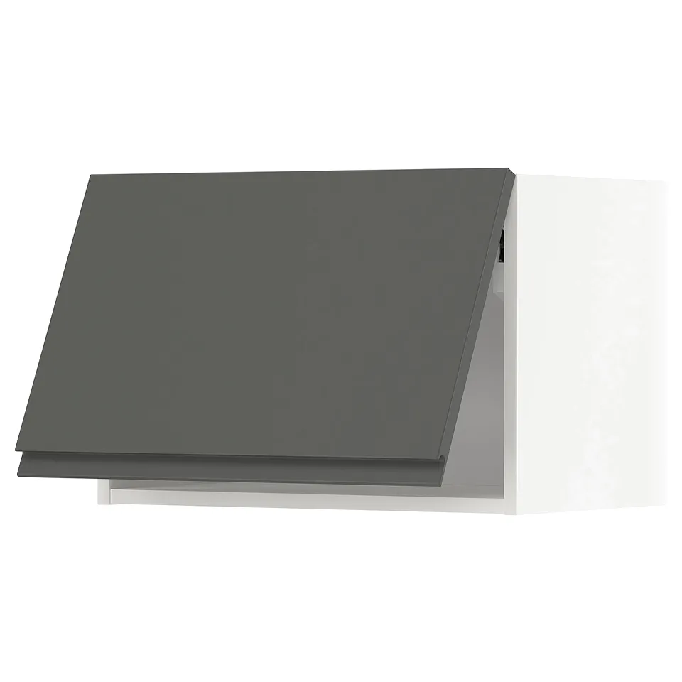 Modern grey kitchen cabinet with sleek, integrated handles, angled design.