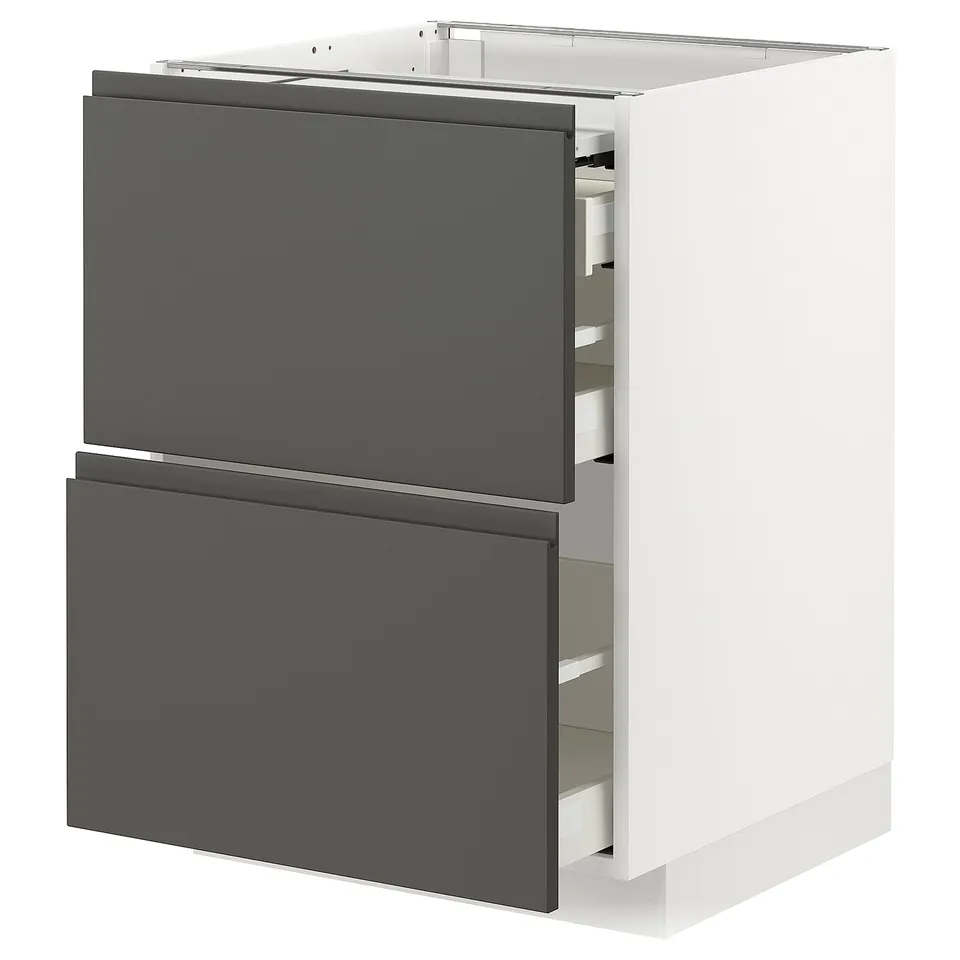 Modern kitchen cabinet with 2 dark grey drawers, sleek handles, and white frame.