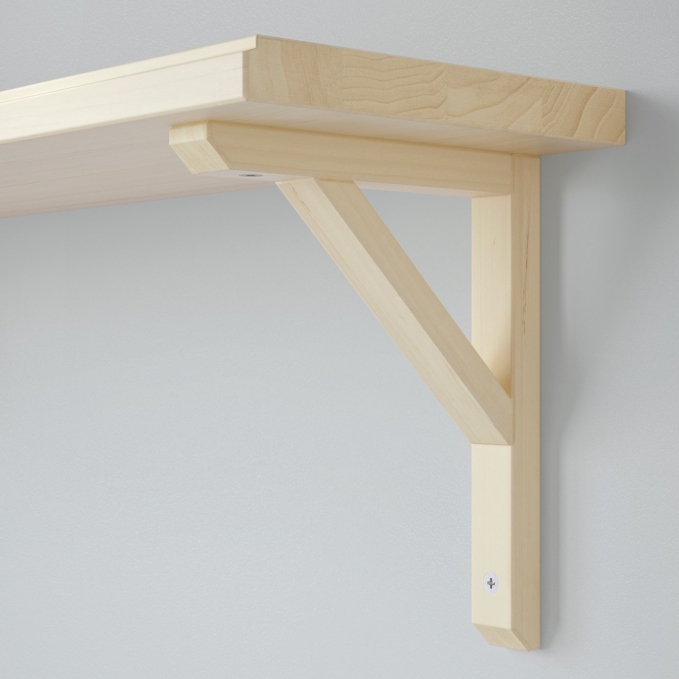 Light wooden wall shelf mounted on a light grey wall with sturdy brackets, unadorned and natural.