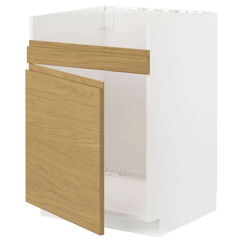 Open white and oak cabinet for kitchen.