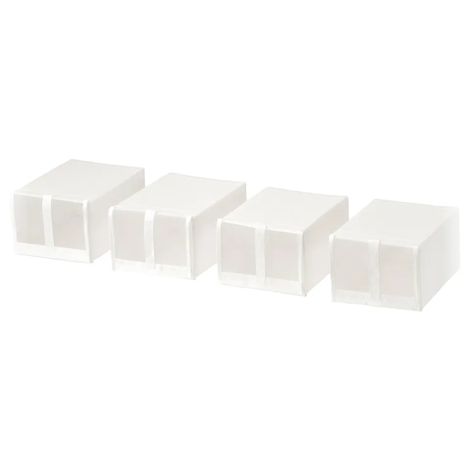 Four white mesh storage boxes lined up; rectangular, semi-transparent, stackable, with hook and loop closures.
