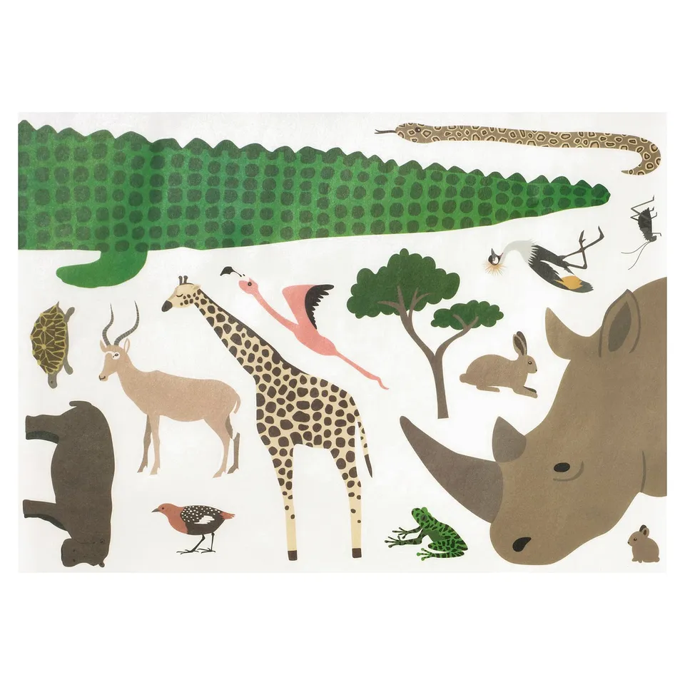 Illustrative savannah scene with various animals and foliage. Colourful, playful with diverse wildlife.