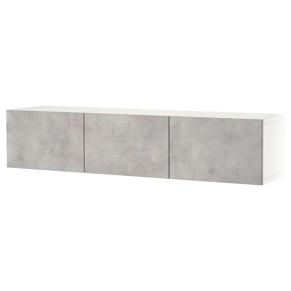 Modern white and grey wall-mounted tv bench with storage, concrete effect, adjustable shelves, and cable management.