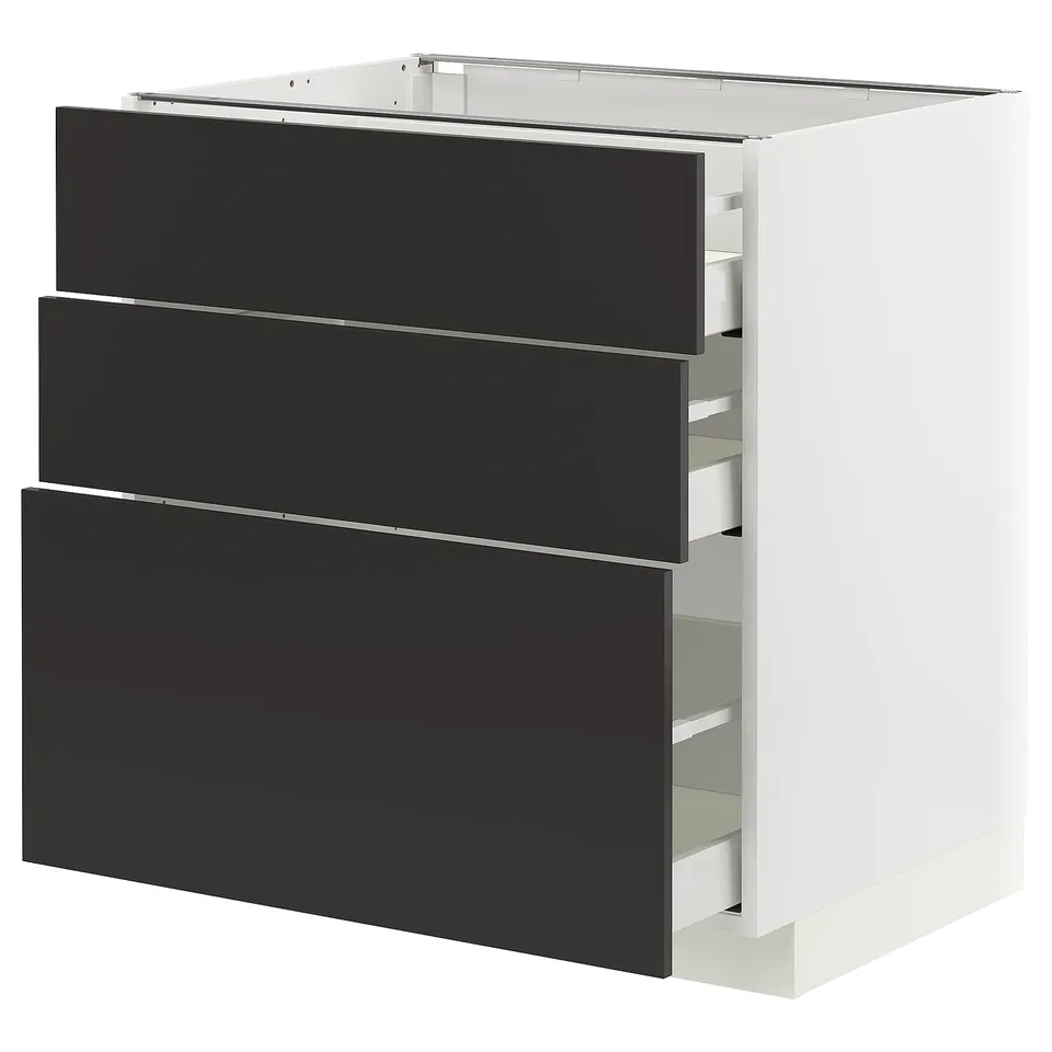 Ikea METOD kitchen unit, white with 3 black drawers, modern minimalist design.