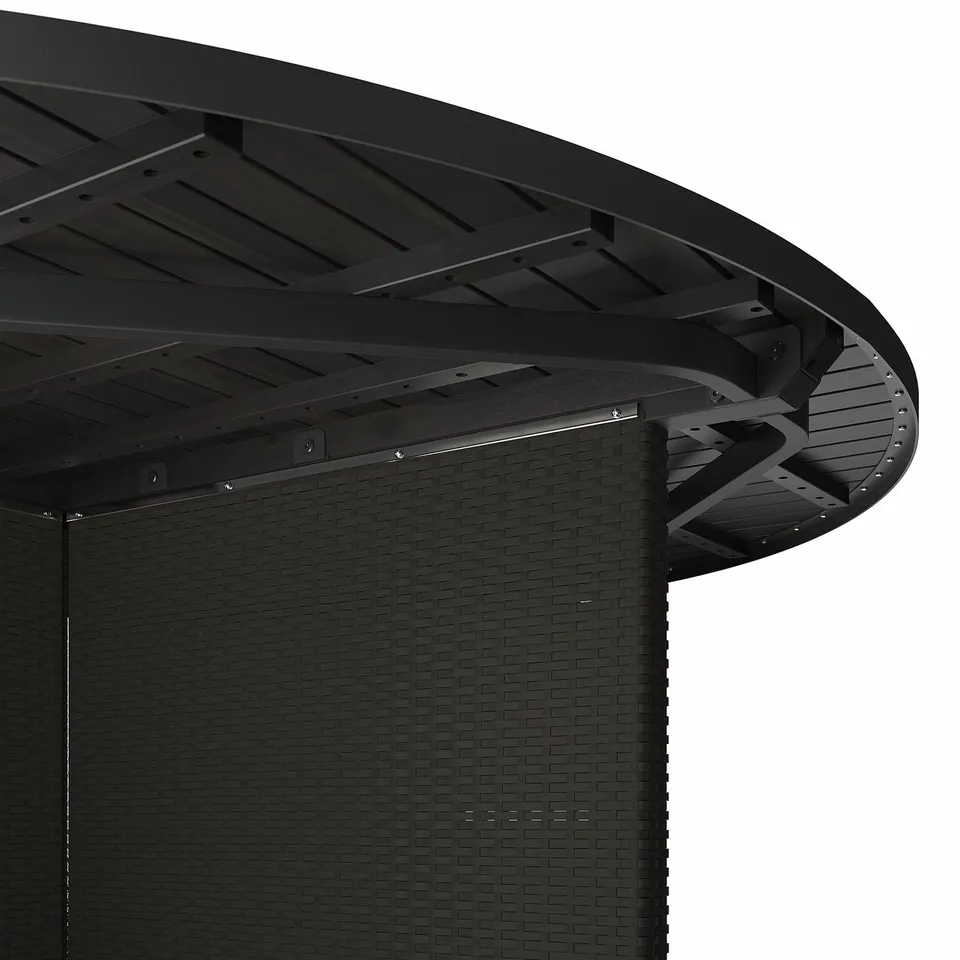 Black round patio table with intricate slatted design; durable materials.