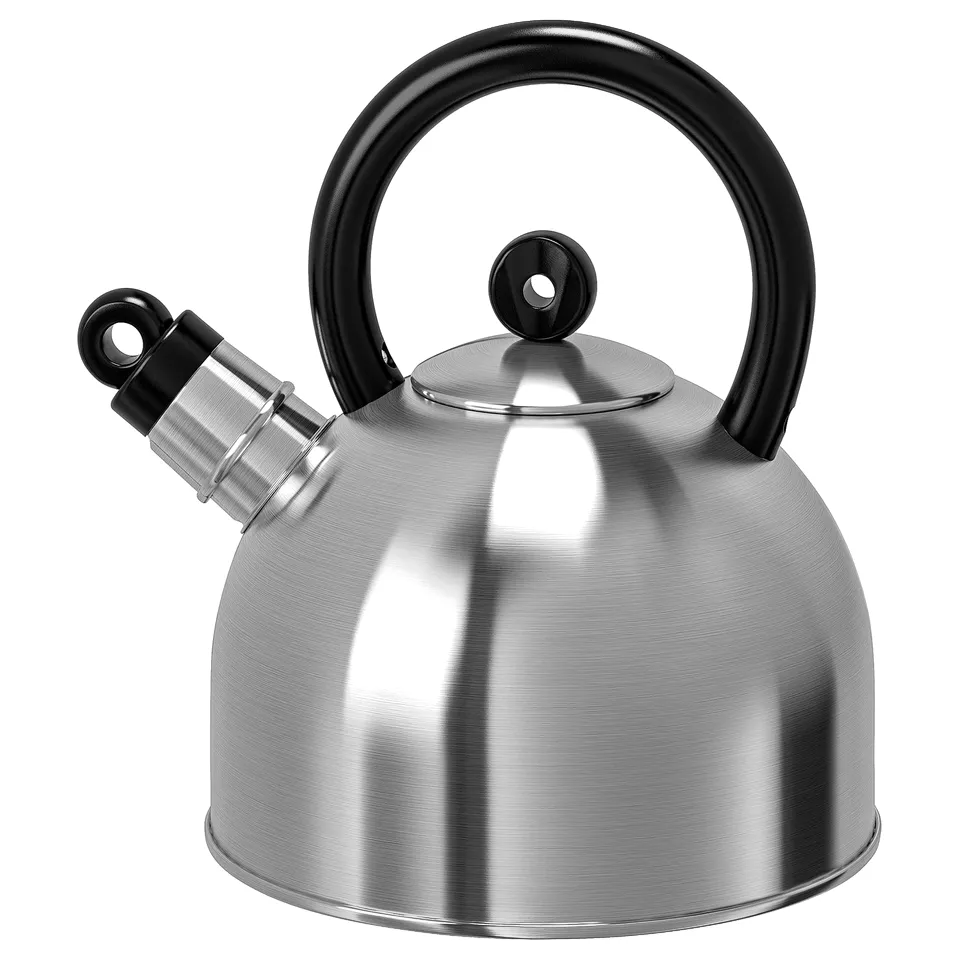 Silver VATTENTÄT kettle, stainless steel, round, black handle, whistles when boiling.