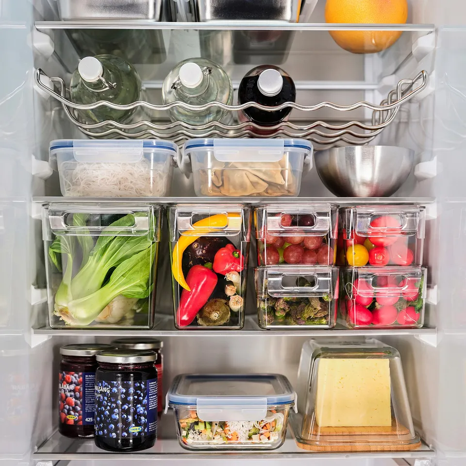 Fridge shelf with storage bins, vegetables, jams, KLIPPKAKTUS system.