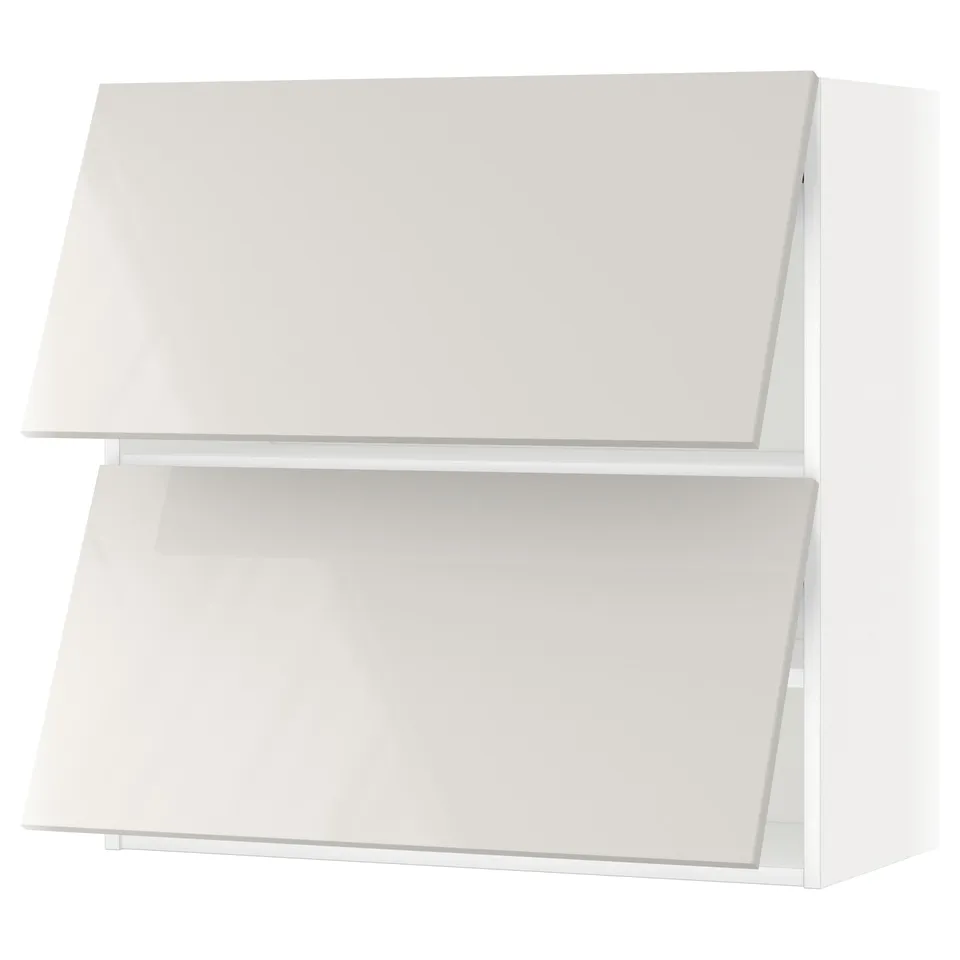 White METOD wall shelves, modern, glossy, rectangular, two-tiered.