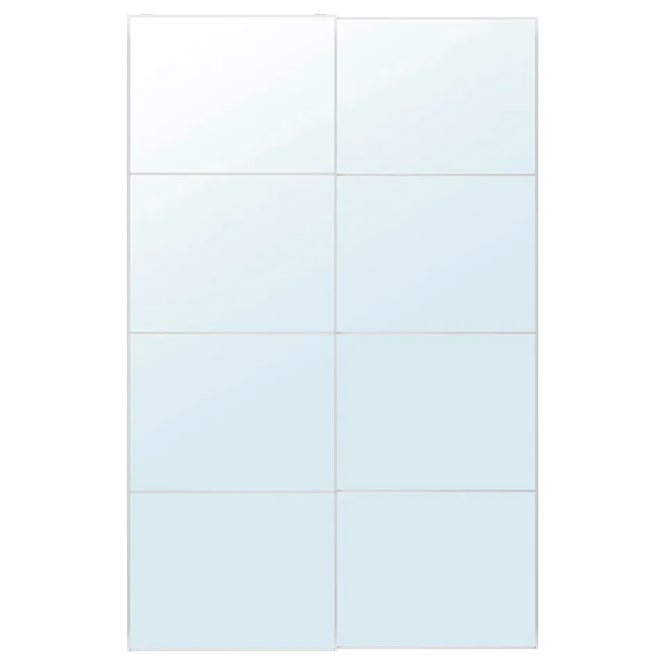 A set of white AULI sliding mirror panels. They have a modern design with four glass panels and aluminium frames, creating a sense of space.