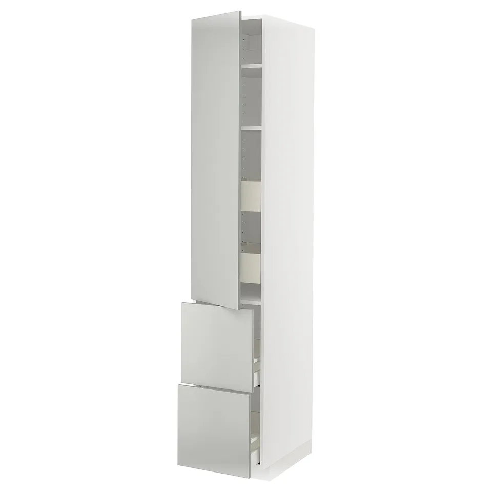 METOD high white cabinet with light grey drawers, modern clean design.