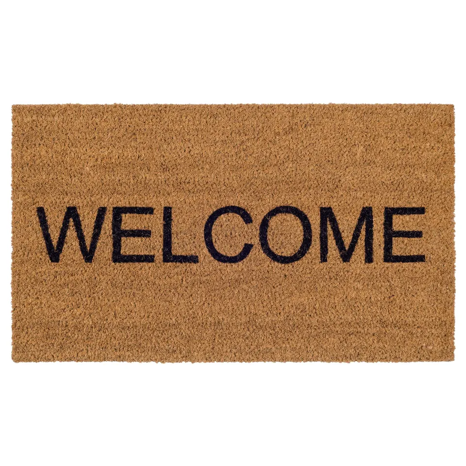 Simple brown rectangular doormat with bold black welcome text centre, made of coir fibres.