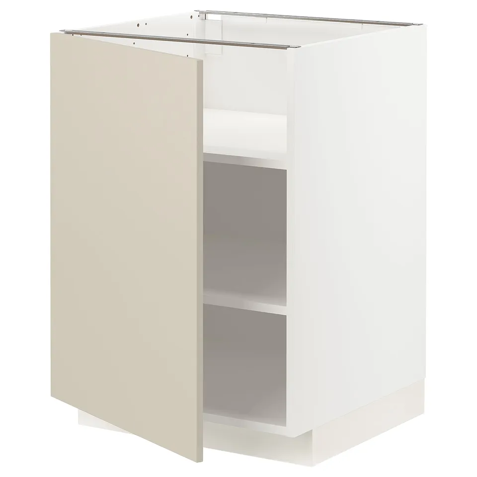 A metallic white METOD kitchen cabinet with beige havstorp doors, featuring a clean, minimalist design.