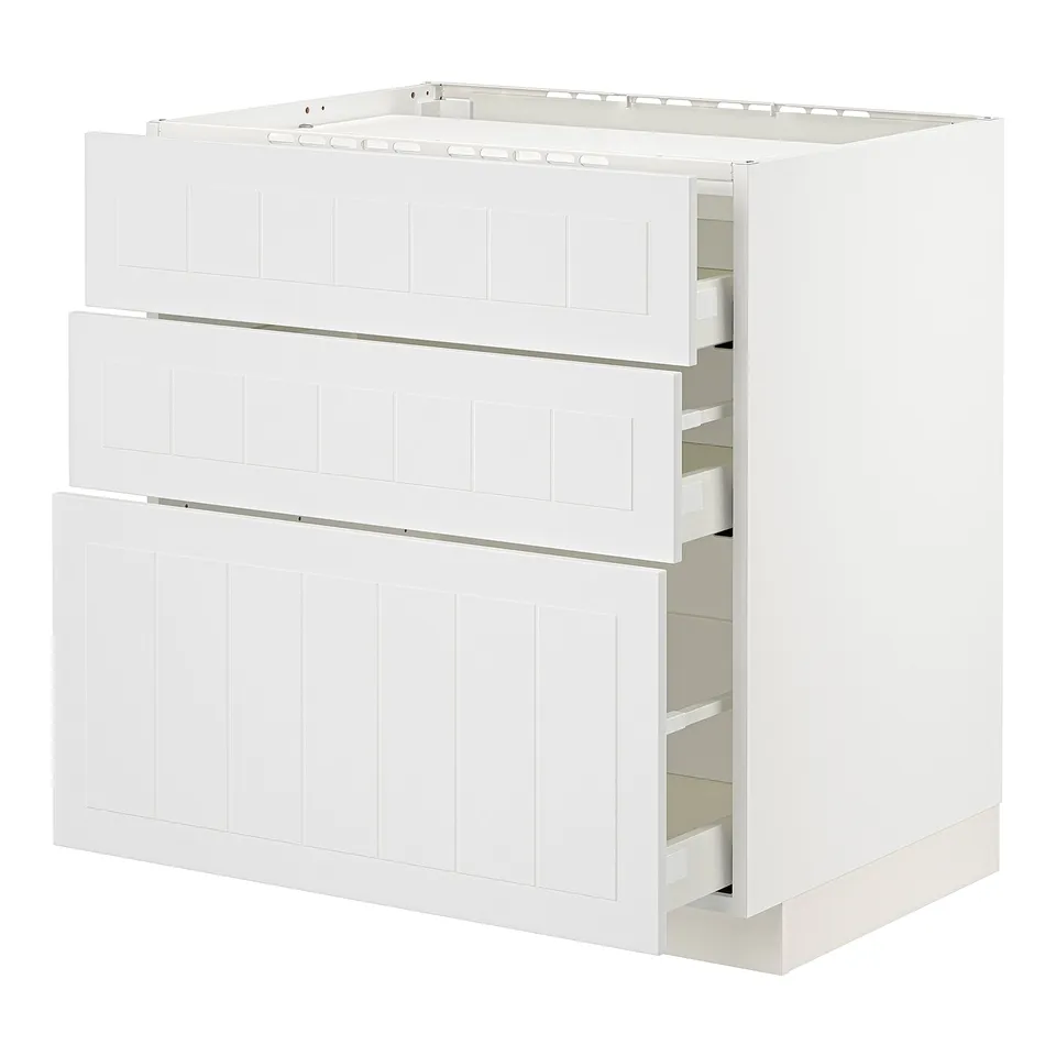 A white METOD kitchen cabinet with three drawers and one shelf unit. It has a modern, clean design with a sturdy frame construction.