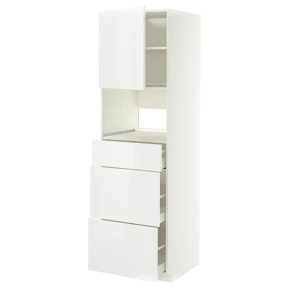 A white METOD kitchen cabinet with high-gloss ringhult fronts, featuring multiple storage drawers and shelves.