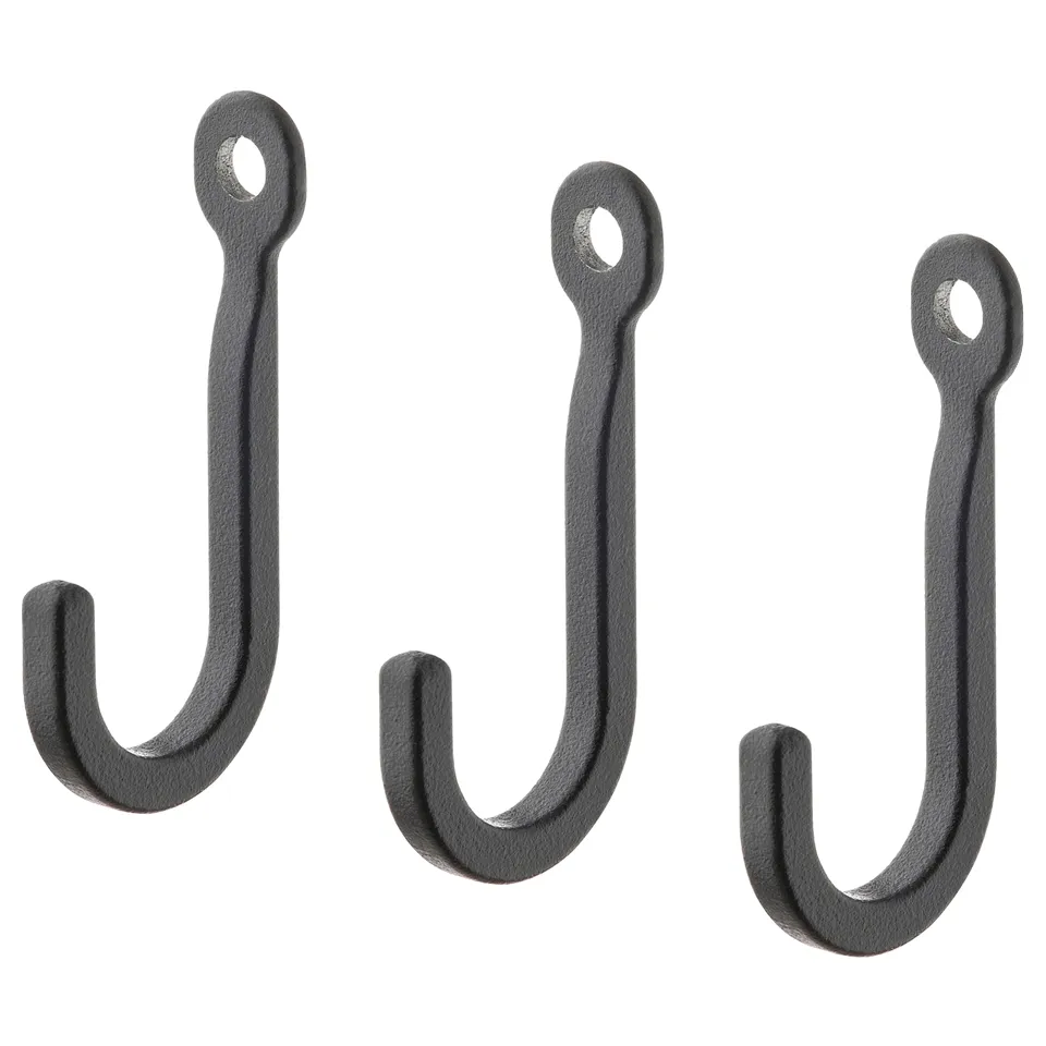 Three small black hooks for hanging items in narrow spaces.