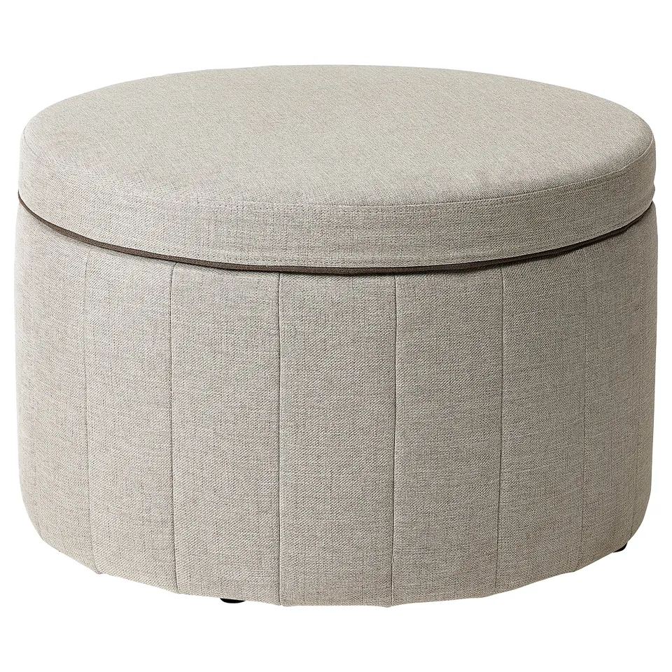 A round, light grey storage ottoman named SIDSJÖ with pleated sides and a lid for storage.