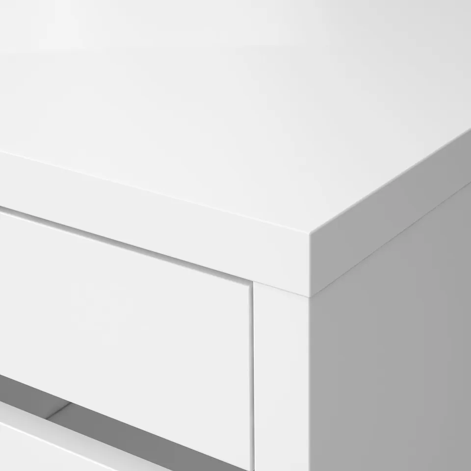 Modern, white, minimalist desk corner. Clean lines, smooth surfaces. High-quality, sleek design.