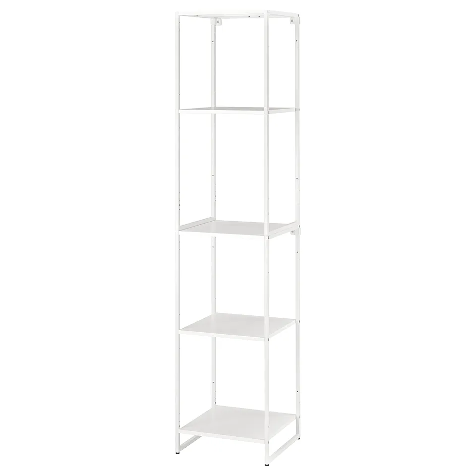 The JOSTEIN white metal shelving unit with four open shelves, ideal for both indoor and outdoor use, made from durable steel.