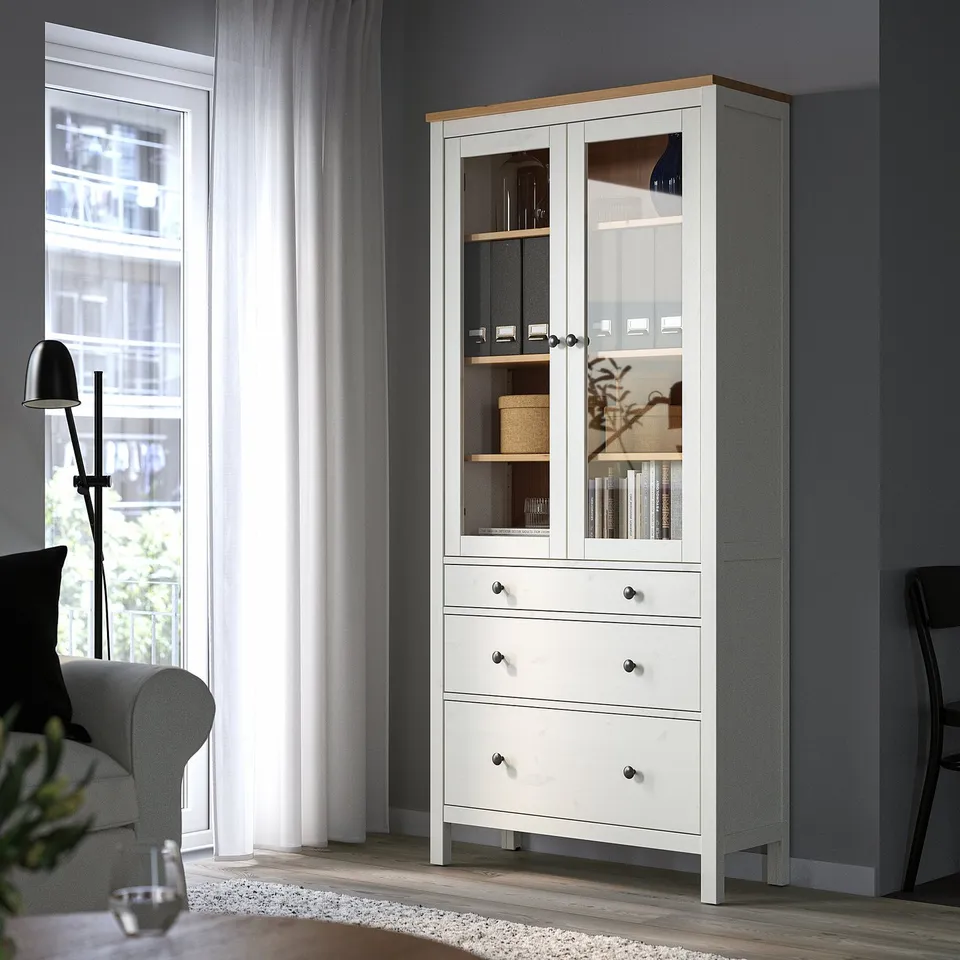 part: HEMNES glass-door cabinet with 3 drawers