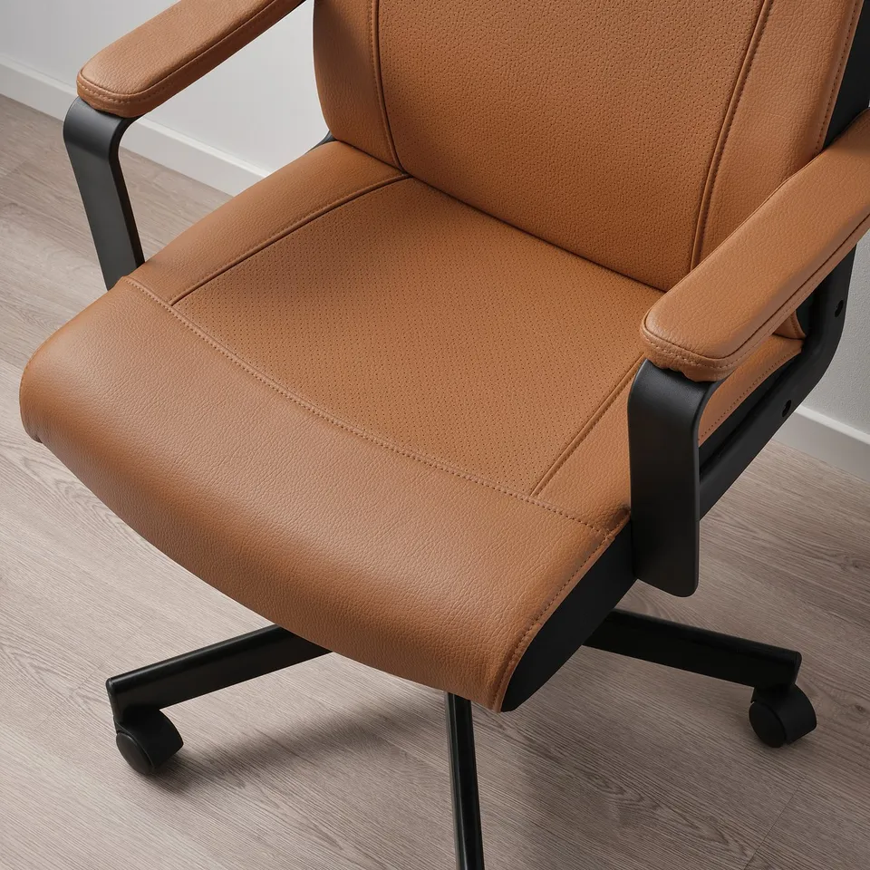 Modern office chair with tan fabric, adjustable arms, and wheels, elegant design.