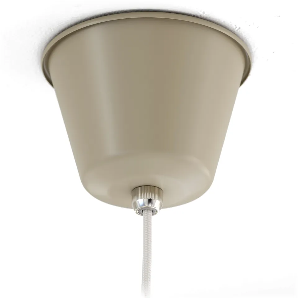 Ceiling-mounted lamp with metal shade, chrome cord adjuster, and white braided cable.
