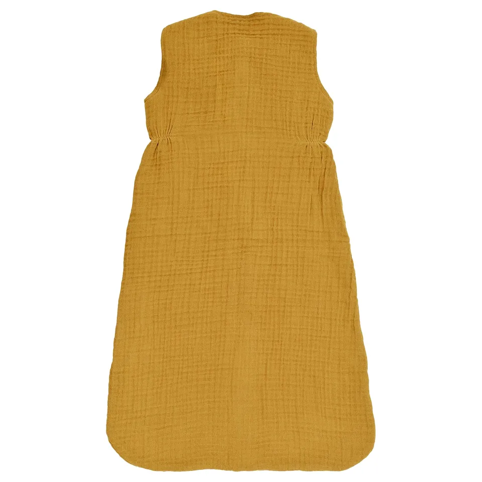 Golden yellow muslin baby sleep bag, sleeveless, zip front, soft gots-certified organic cotton.