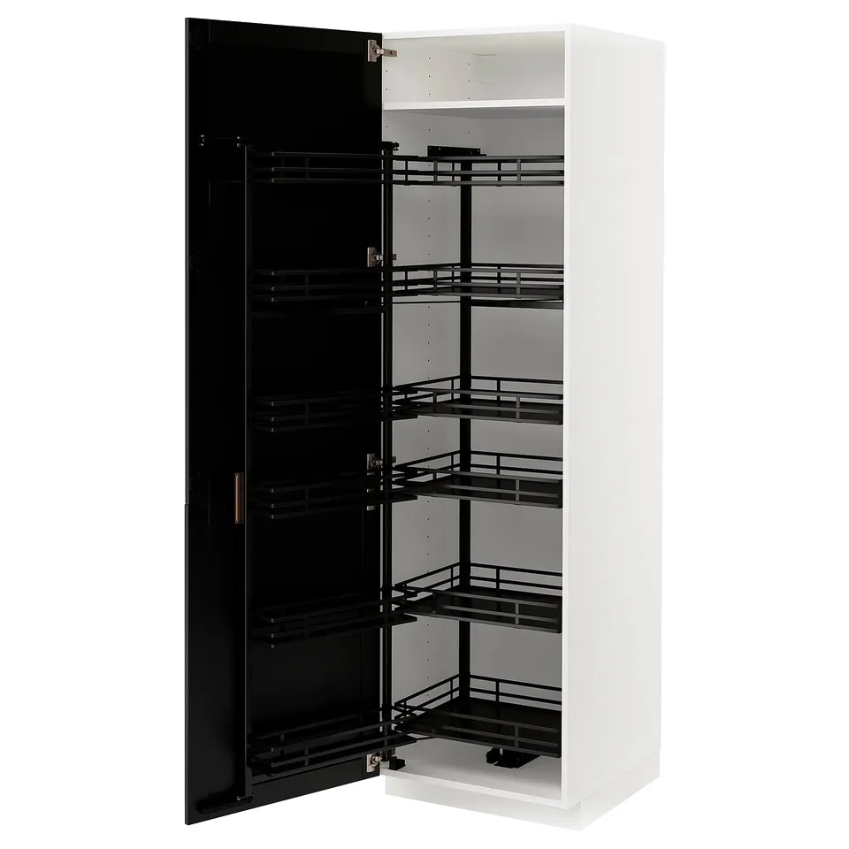 White METOD kitchen cabinet with black pull-out shelves open. Sleek design, modern organisation.