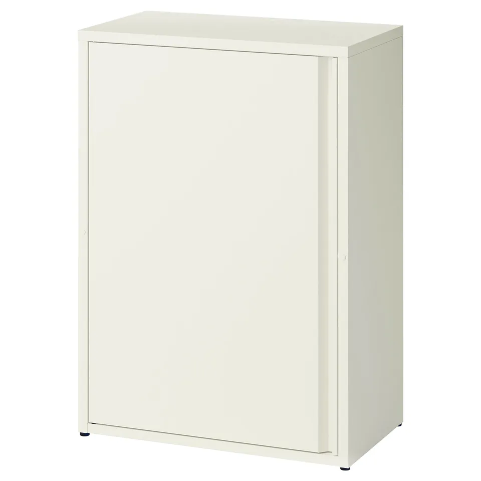 White SUNDSÖ cabinet with adjustable shelves, indoor/outdoor use, stable feet.