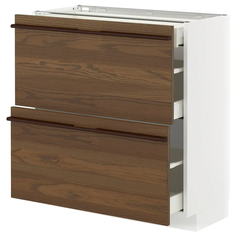 METOD kitchen cabinet, white and dark brown, wooden handles, three open drawers, sleek, modern design.