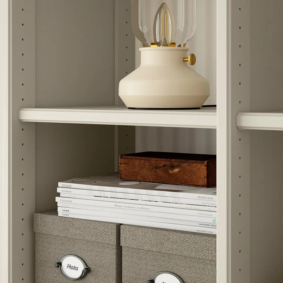 GULDDRAGARE Storage combination, beige clear glass/with doors and shelves with 3 drawers, 162x37x216 cm