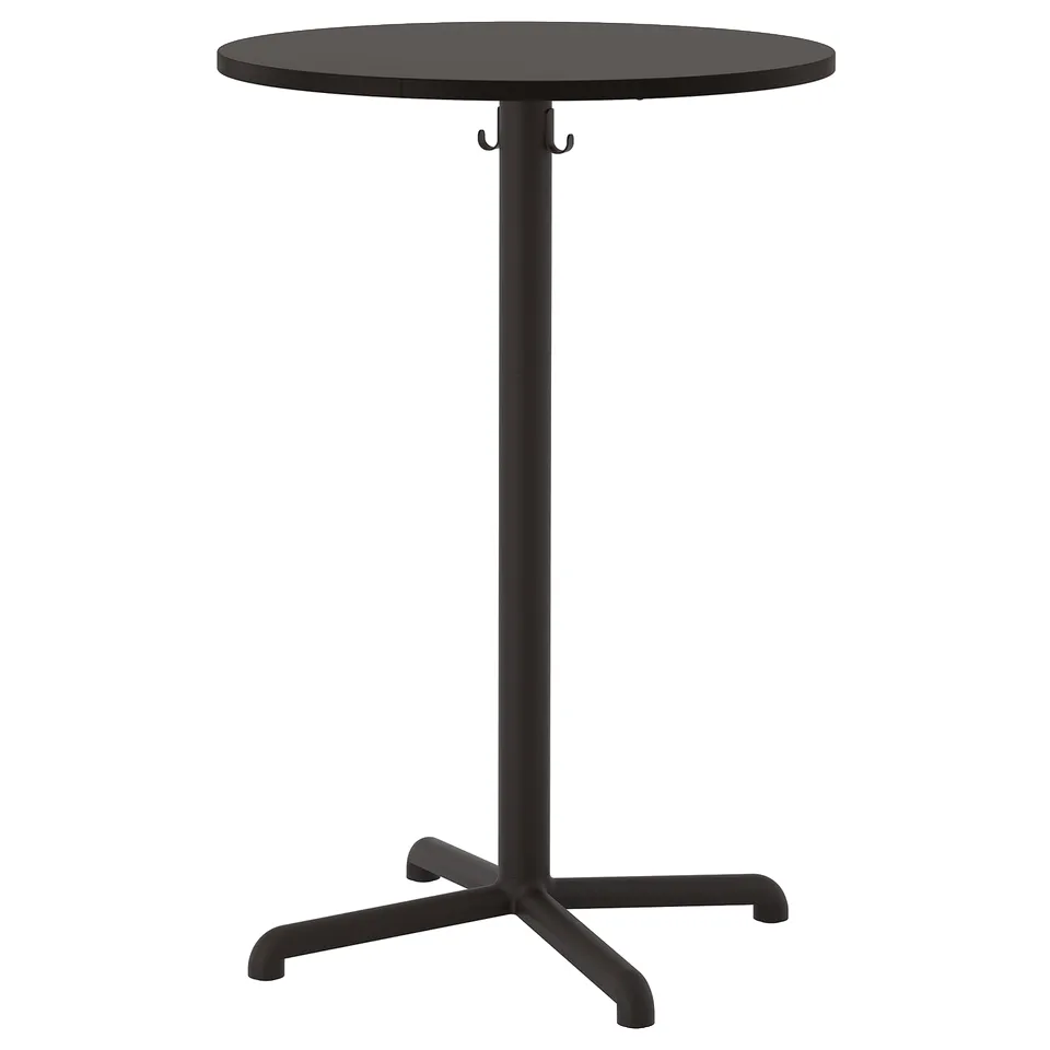 Black circular bar table STENSELE with steel leg, aluminium base, laminate top, and hanging hooks.