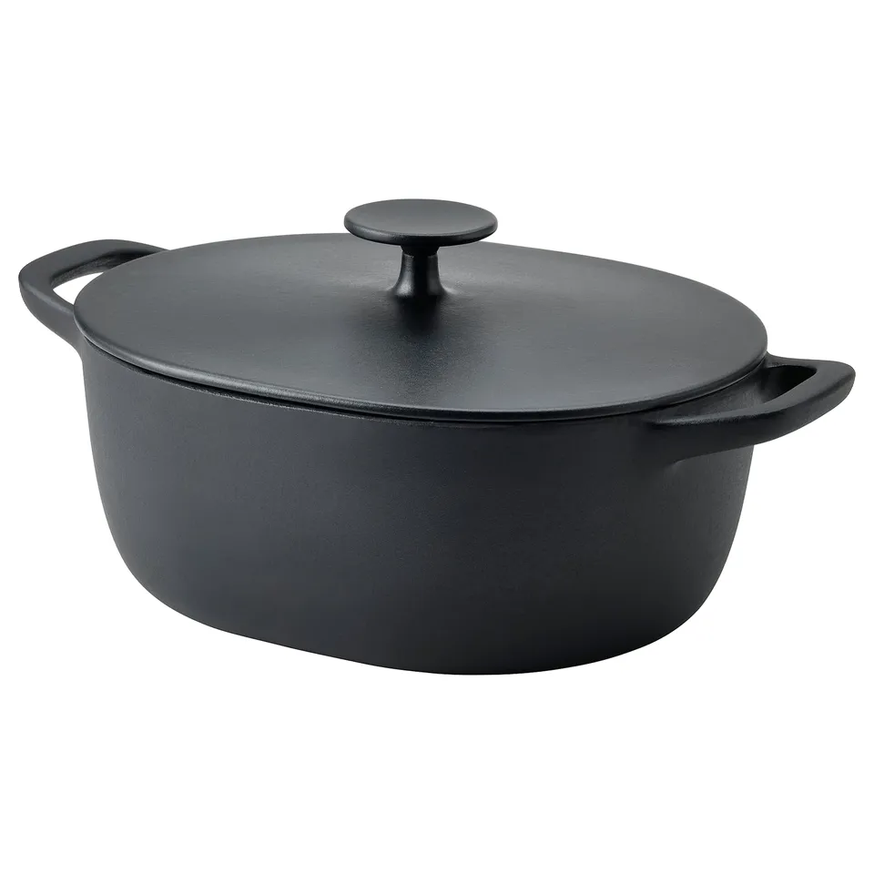 Black VARDAGEN cast iron casserole with lid and handles, perfect for even heat and slow-cooking.