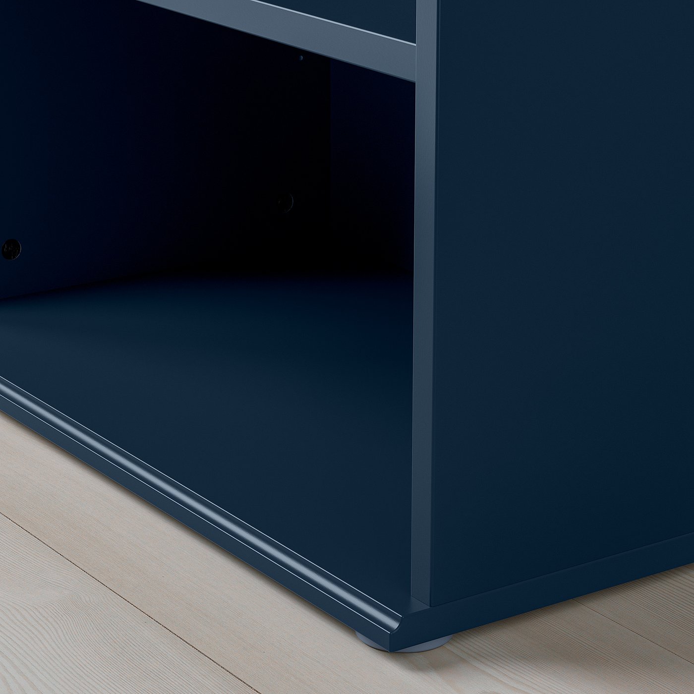 Dark blue modern bookcase with clean edges and wooden floor, quality finish.
